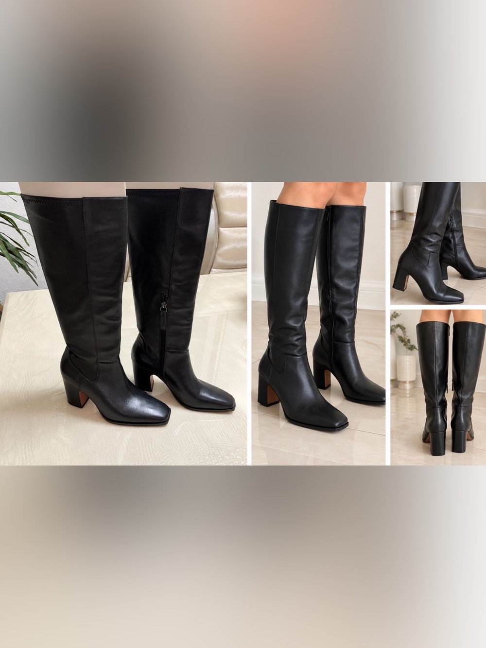 Franco Sarto Black Leather Knee High Boots Square Toe Block Heel Size 6.5M New